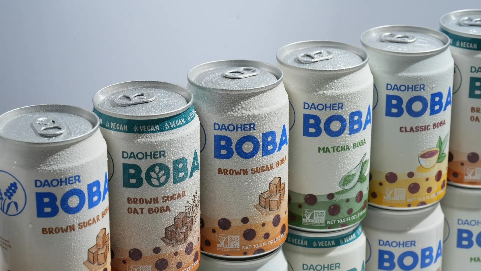 DaoHer BOBA canned bubble tea lineup: Brown Sugar, Brown Sugar Oat, Matcha and Classic cans